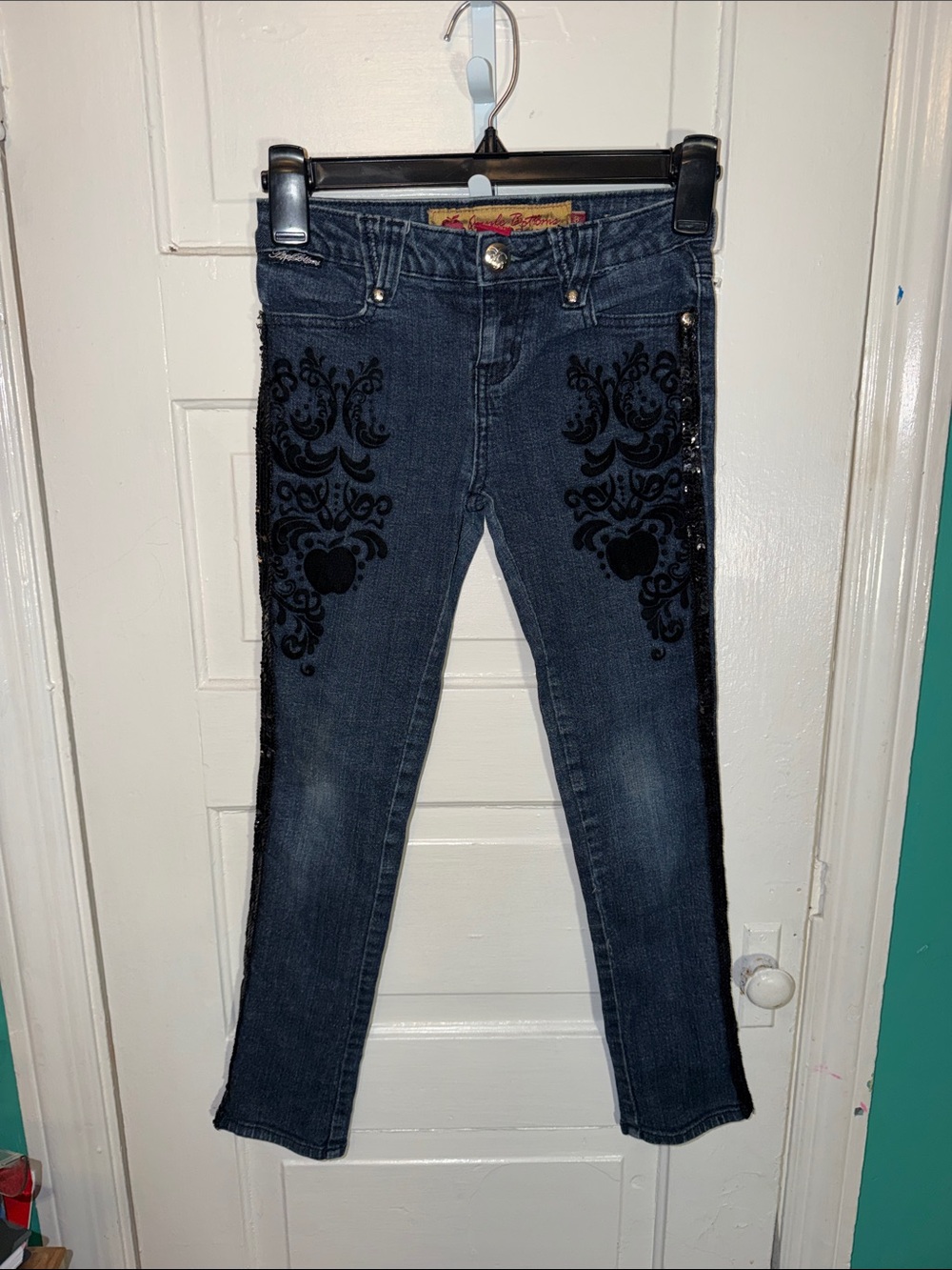 Apple Bottoms Dark Blue Skinny Jeans with Black Velvet Fleur Detail